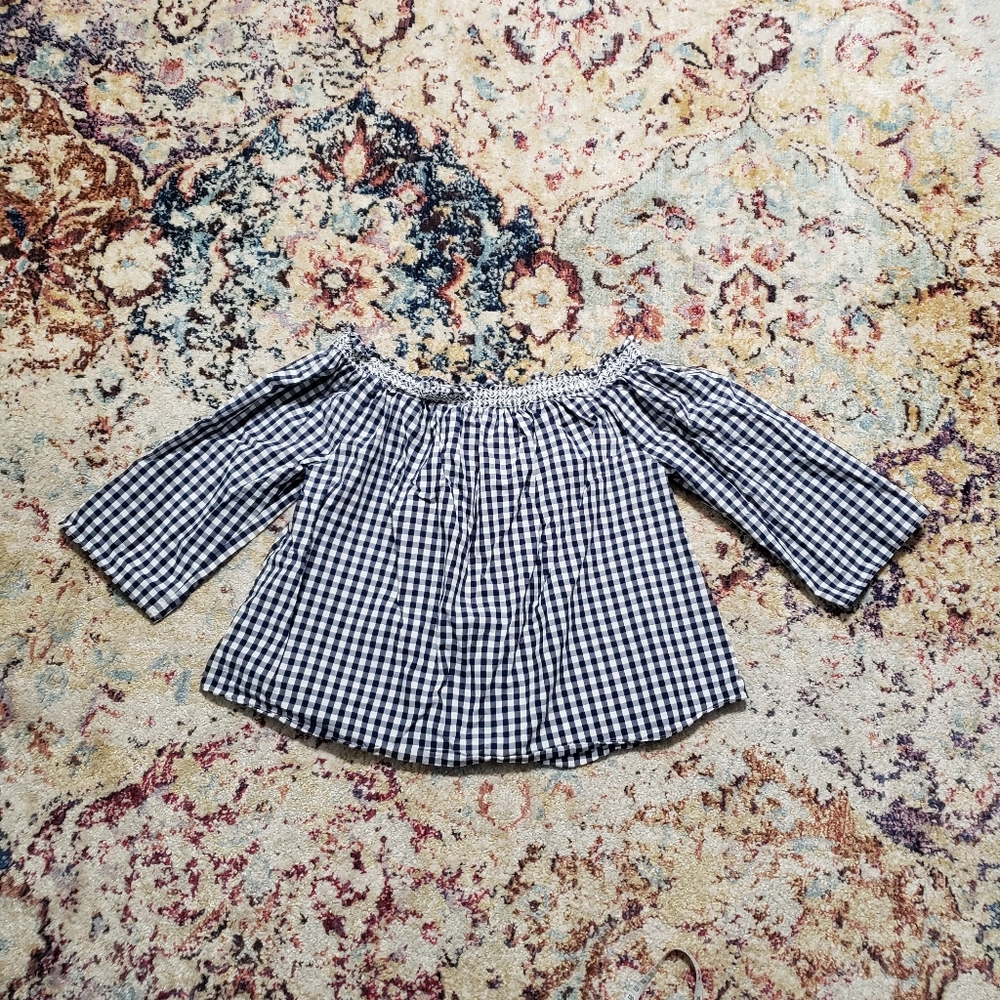 Madewell Smocked Gingham Off Shoulder Cropped Top Blue White Size Small - Picture 3 of 10